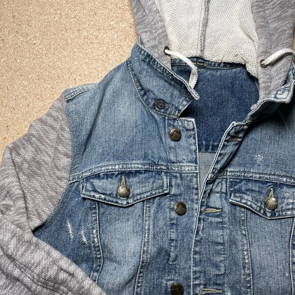 Free People Jacket Denim And Knit Hooded  Y2K  Distressed Indie size M A3 - Picture 2 of 7